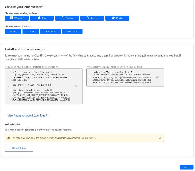 Page de configuration de l’agent cloudflared
